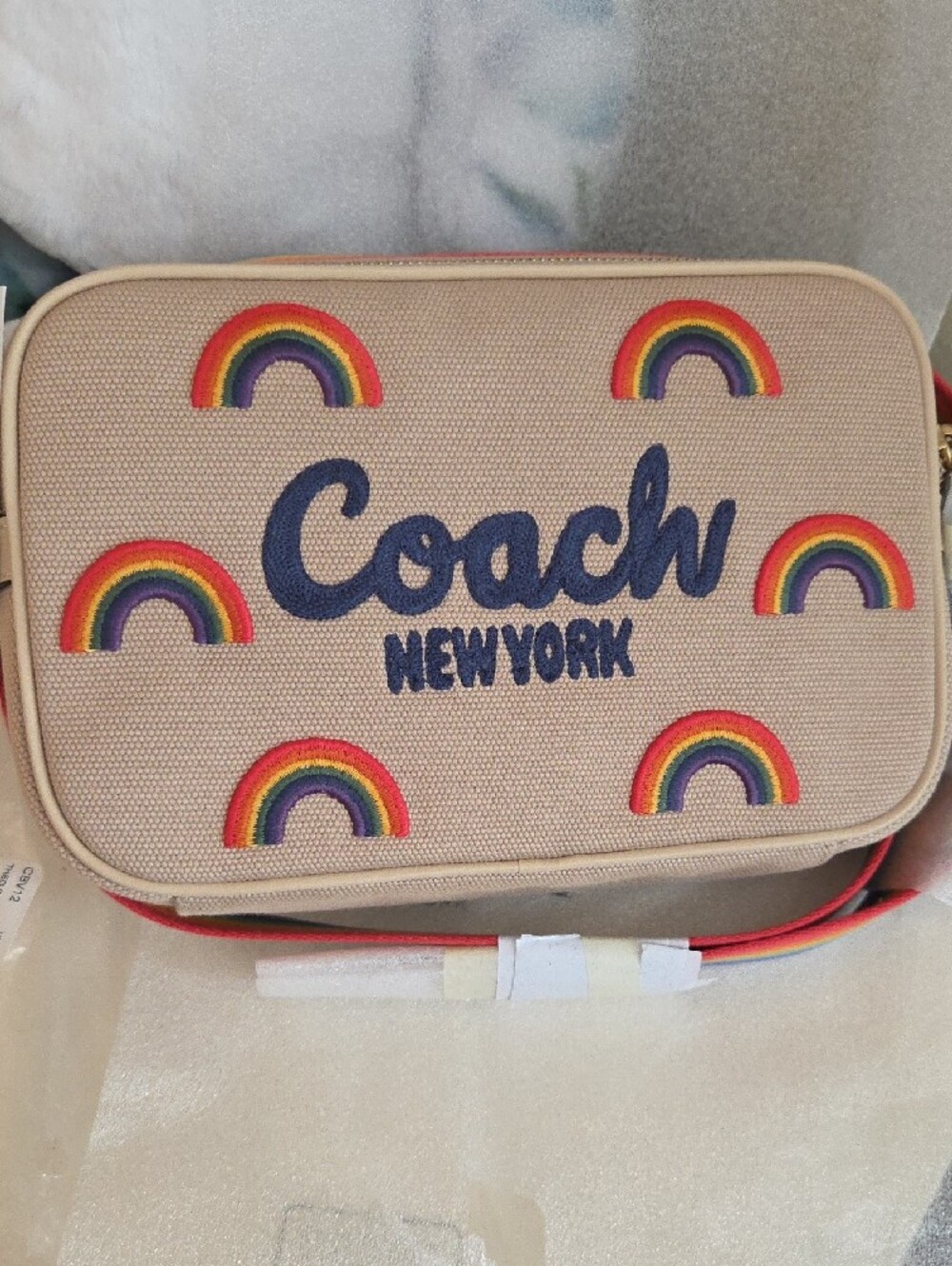 NWT Coach THEO Camera Pride  Crossbody Bag - Beige with Multicolor Rainbows - Picture 2 of 13